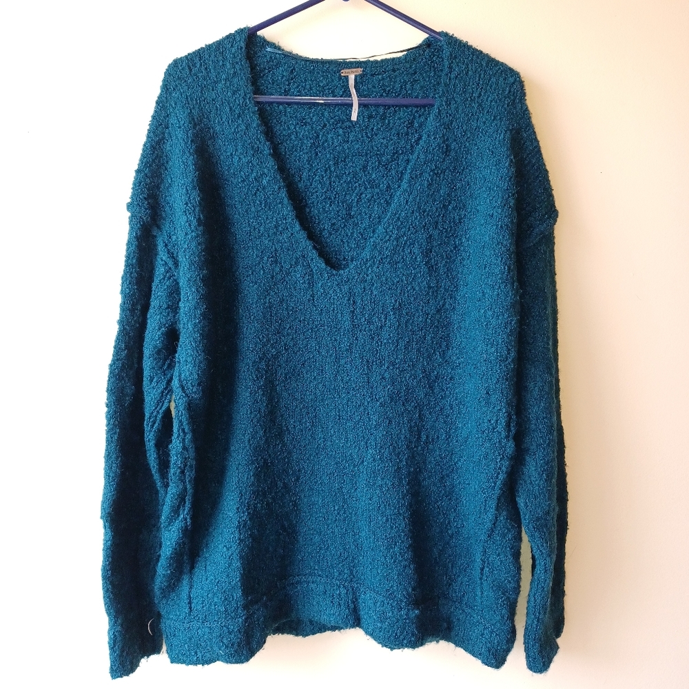 Free People Womens Alpaca Blend Sweater Oversized Soft Fuzzy Teal Long Sleeve - Picture 1 of 16